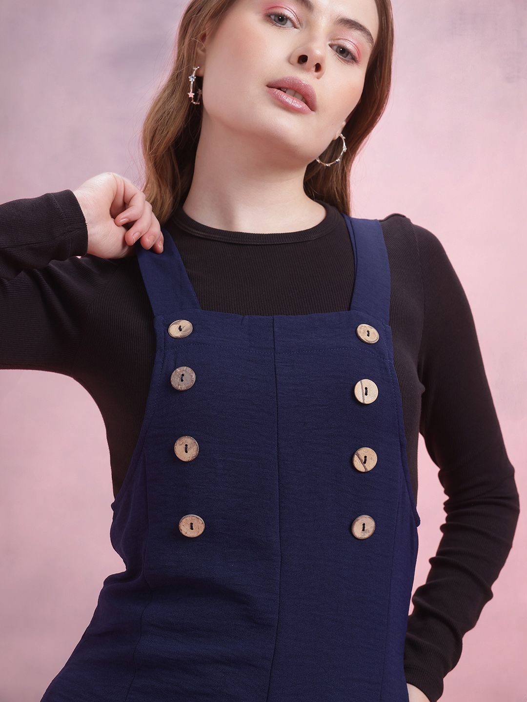 DressBerry Crinkled Effect Shoulder Straps Jumpsuit with Mock Buttons