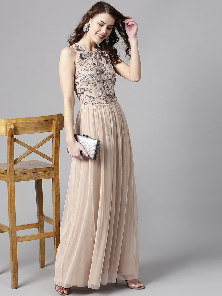 STREET 9 Women Peach-Coloured Solid Maxi Dress with Embellished Detail
