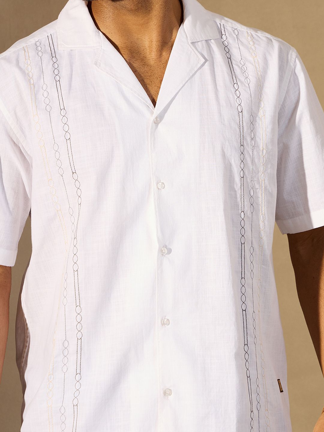 DENNISON Men Embroidered Oversized Cuban Collar Short Slevees Casual Shirt