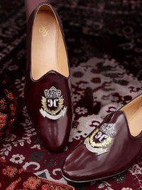 House of Pataudi Men Burgundy Solid Mojaris with Embroidered Detail
