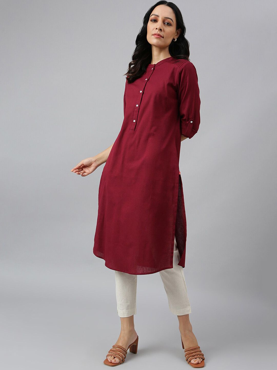 W Red Roll-Up Sleeves Pathani Kurta