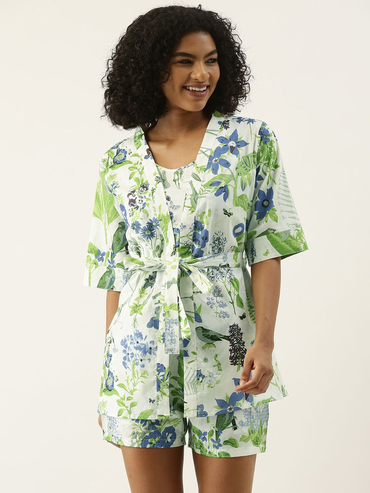 SANSKRUTIHOMES Women White & Green Printed Cotton Shorts Set with Robe