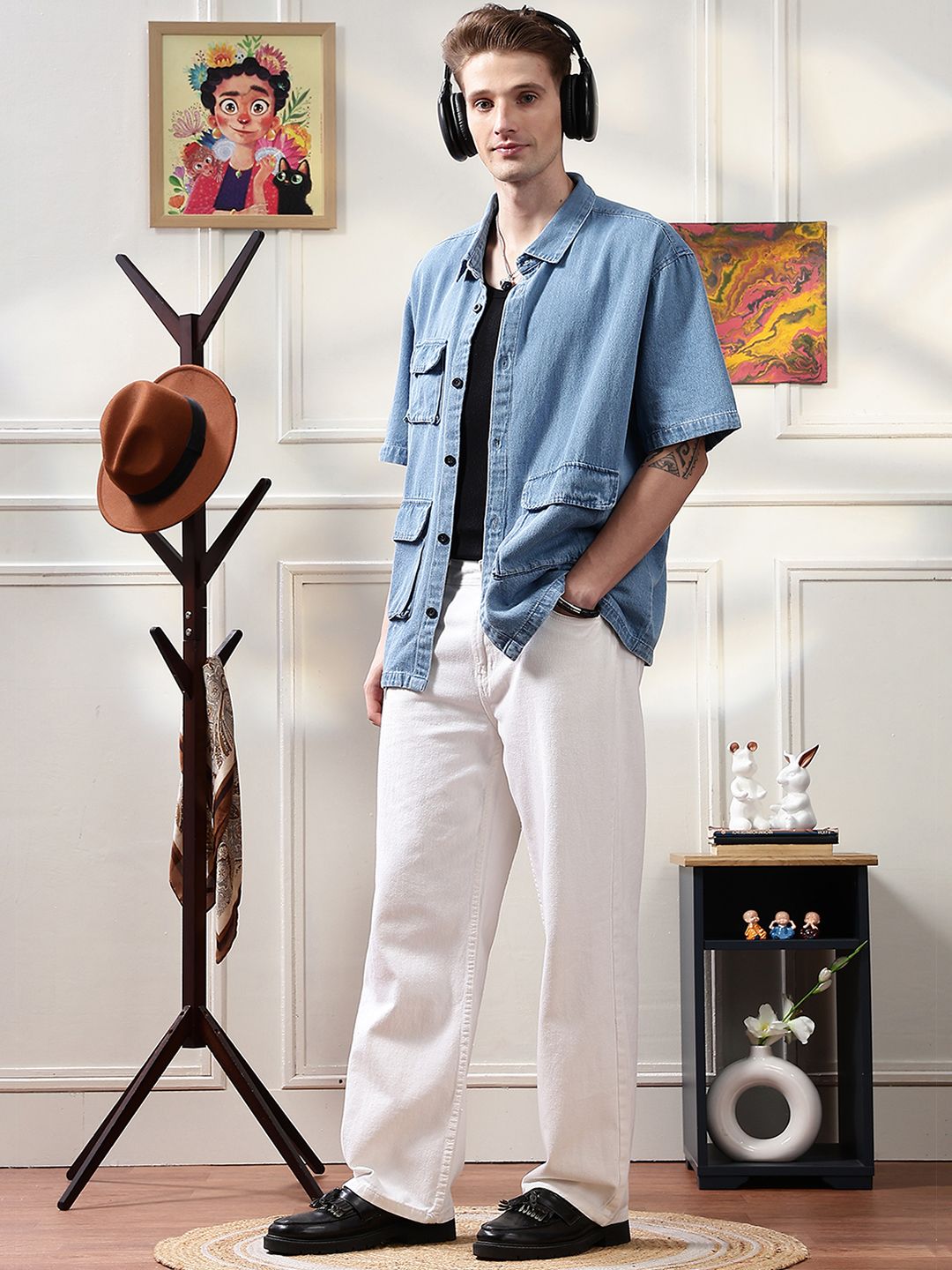 Eszett Embroidery Spread Collar Denim Ice Utility Oversized Shirt