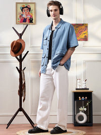 Eszett Embroidery Spread Collar Denim Ice Utility Oversized Shirt