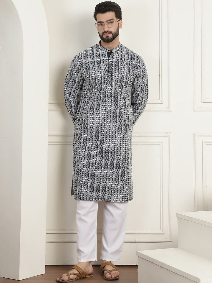 Anouk Charcoal Ethnic Motifs Embroidered Straight Pure Cotton Kurta with Churidar
