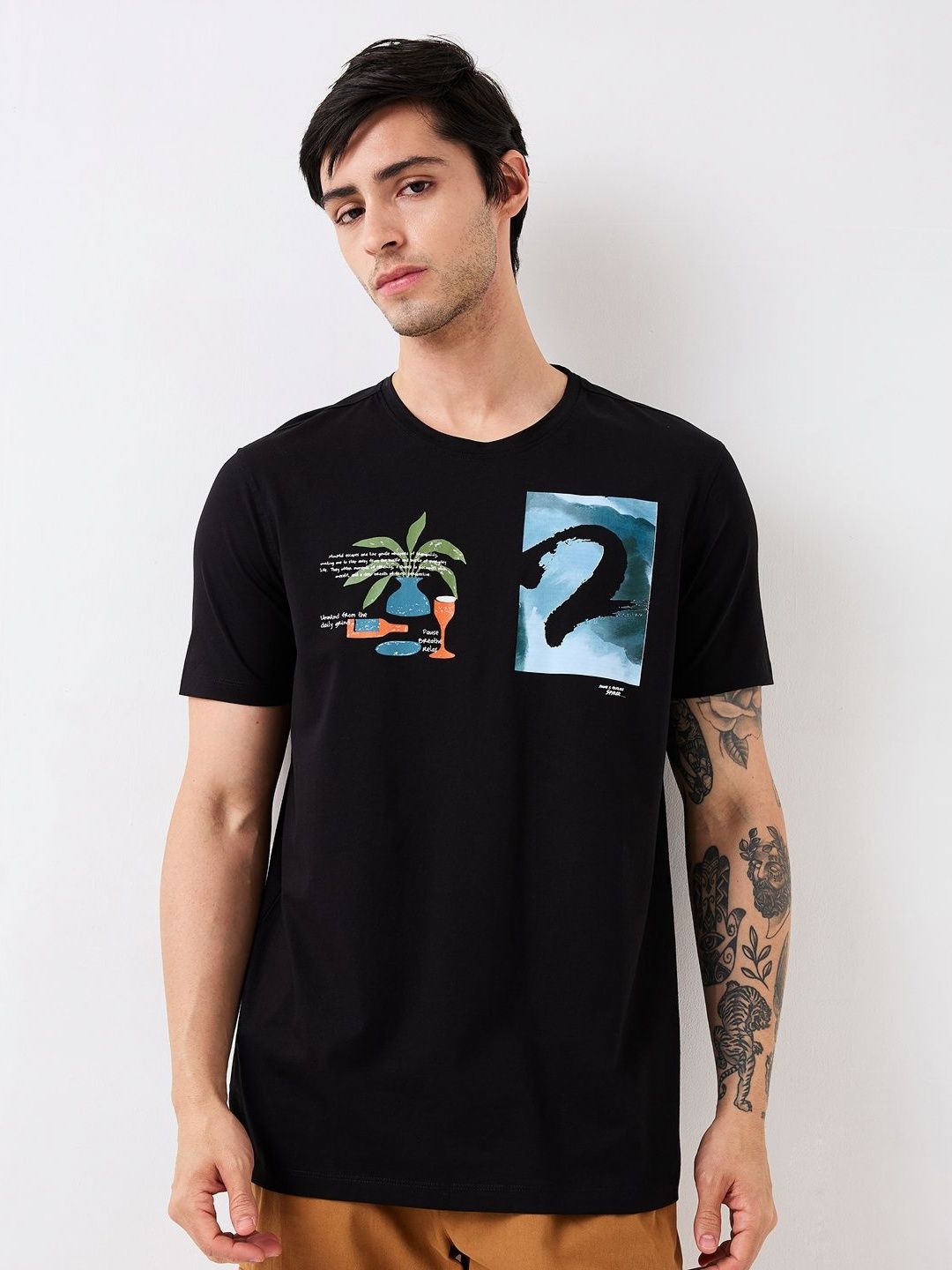 SPYKAR Men Graphic Printed Round Neck Cotton Slim Fit T-shirt