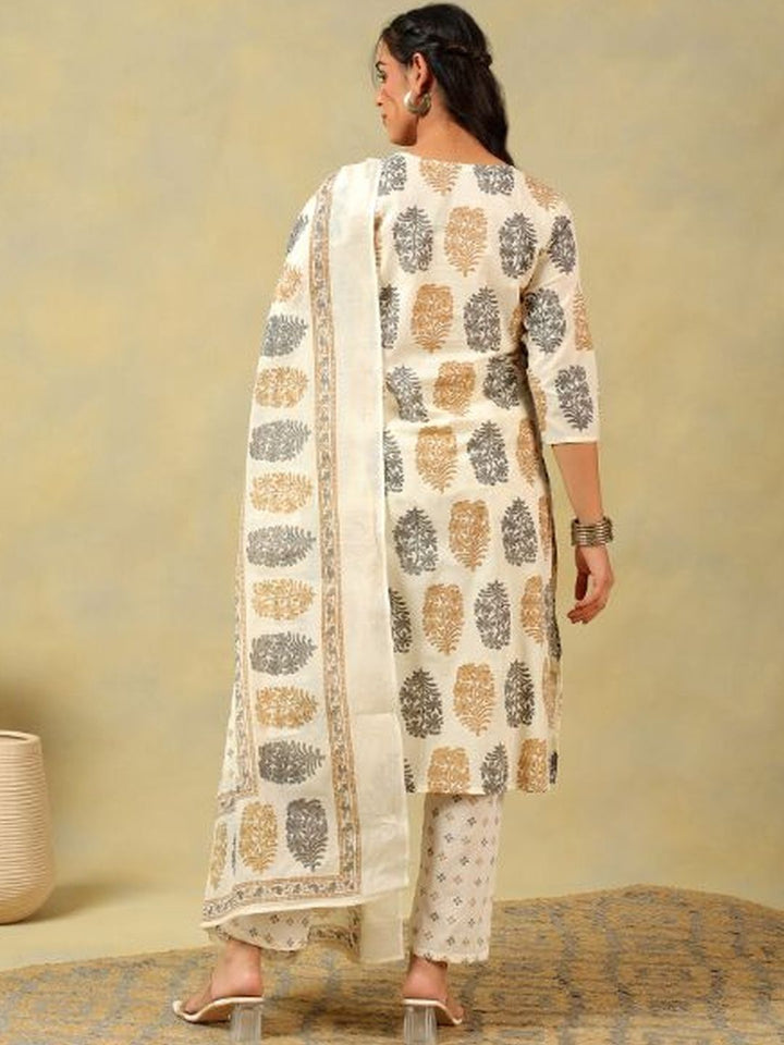 Mamicha Women Ethnic Motifs Printed Regular Thread Work Pure Cotton Kurta with Trousers & With Dupatta