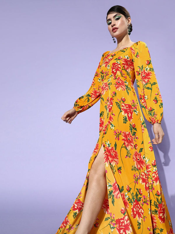 Berrylush Women Yellow Floral Puff Sleeves Dress