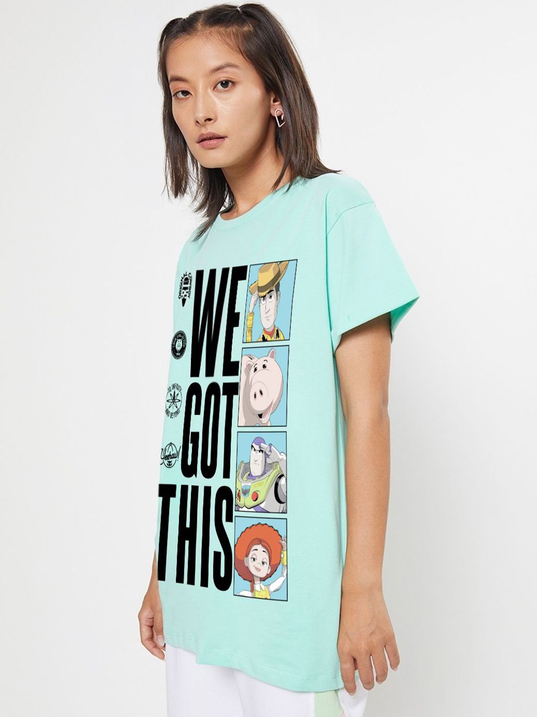Bewakoof Women Typography Printed Round Neck Pure Cotton Oversized Toy Story T-shirt