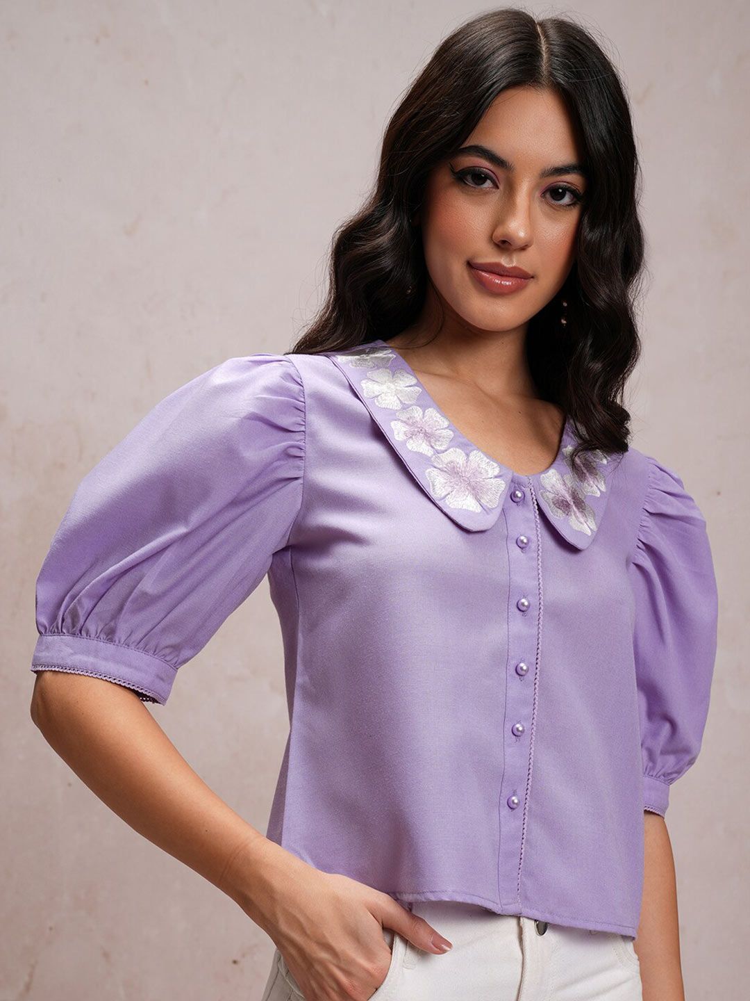 Tokyo Talkies Club Collar Puff Sleeves Casual Shirt