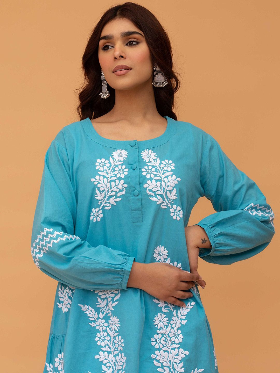 HOUSE OF KARI Floral Embroidered Thread Work Cotton A-Line Kurta