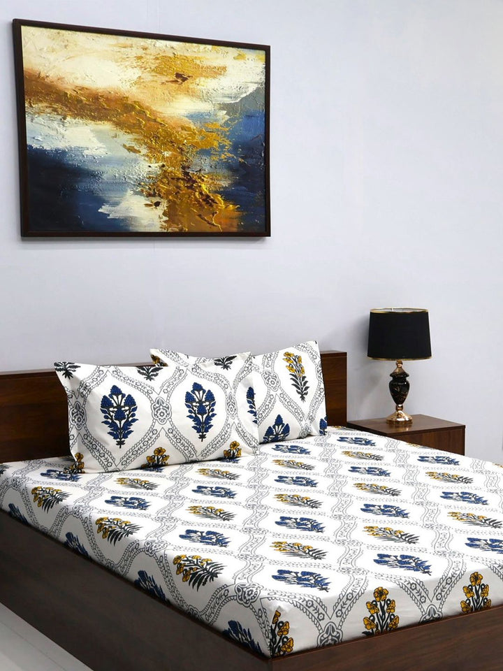 BOMBAY DYEING White Floral 160 TC Microfiber Double Queen Bedsheet With 2 Pillow Covers
