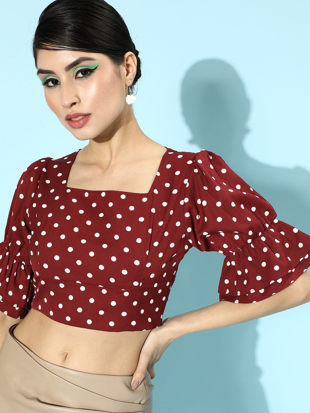 Berrylush Women Red Polka Dotted Cropped Top