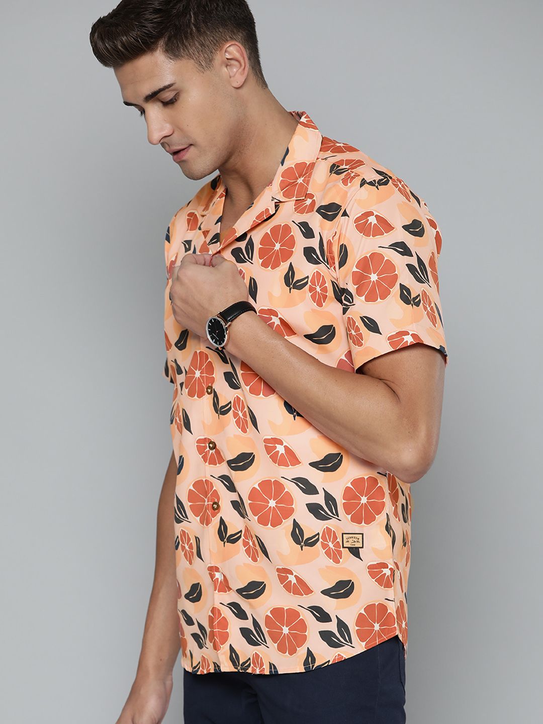 DENNISON Men Peach-Coloured Smart Slim Fit Floral Printed Casual Shirt