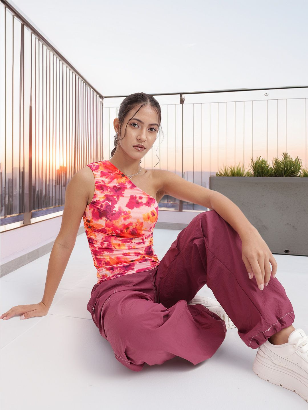 DressBerry Flower Power One Shoulder Ruch Ramble Top