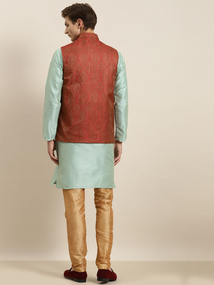 SOJANYA Kurta Hijau Laut Lelaki & Merah Karat dengan Jaket Churidar & Nehru