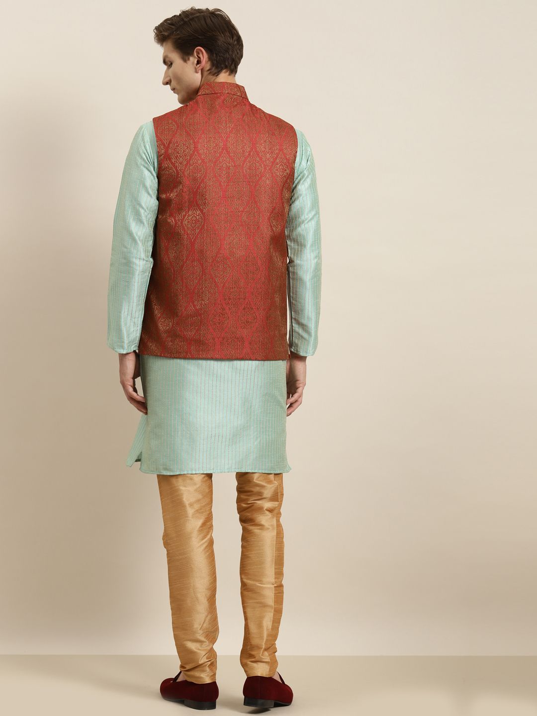 SOJANYA Kurta Hijau Laut Lelaki & Merah Karat dengan Jaket Churidar & Nehru