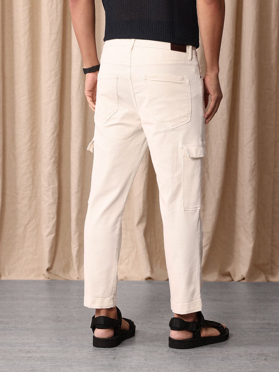 Mr Bowerbird Men Cropped Tapered Fit Light Fade Cargo Style Stretchable Jeans