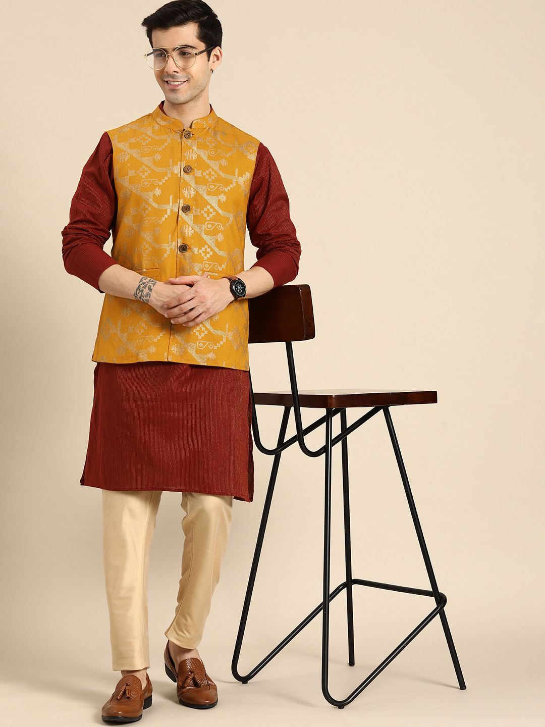 Anouk Men Mustard Yellow & Gold-Toned Printed Nehru Jacket