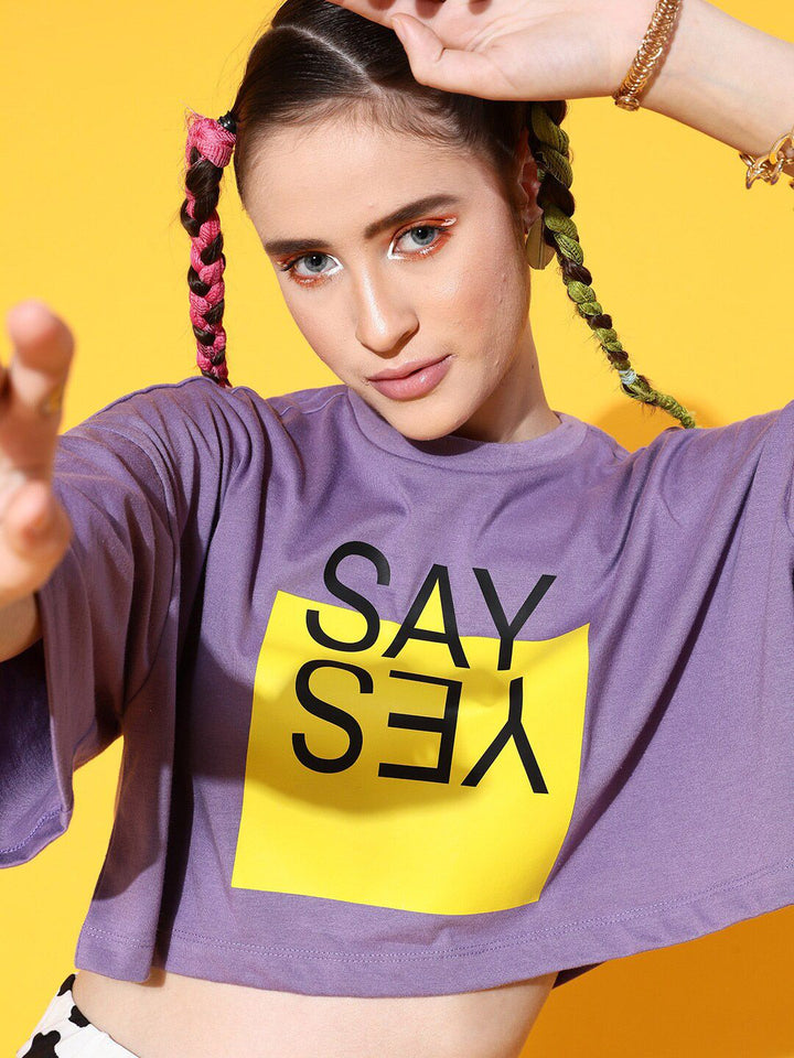 STREET 9 Women Lavender Printed Cotton Drop-Shoulder Sleeves Bio Finish Boxy T-shirt