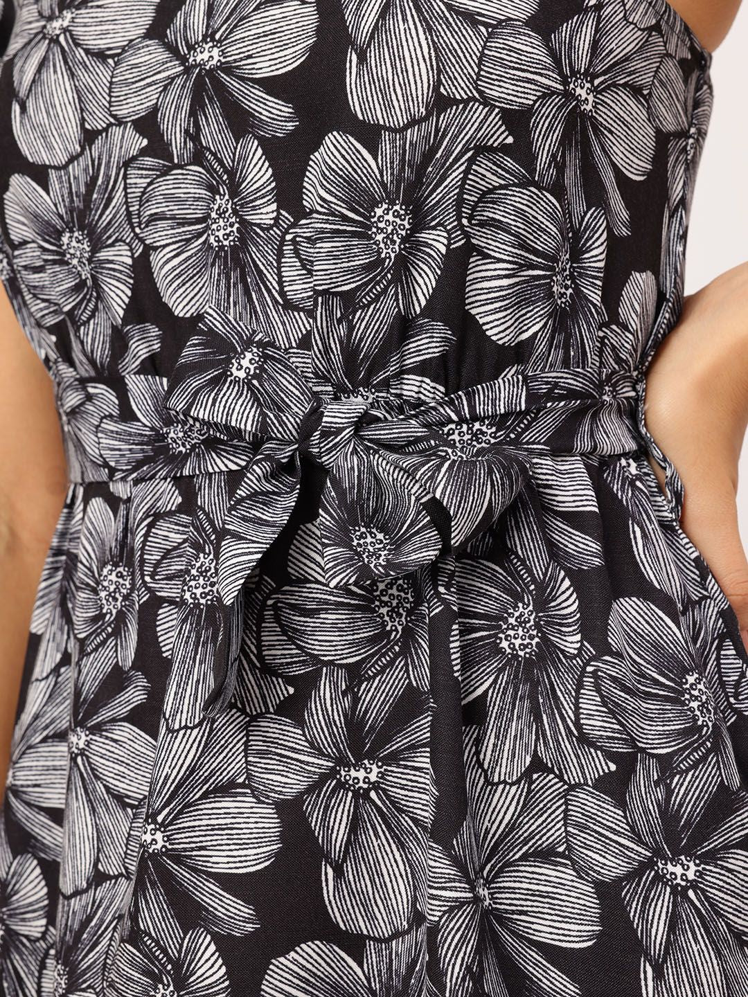 DressBerry Sketchy Monochrome One Shoulder Floral Tie-up Detailed Fit & Flare Dress