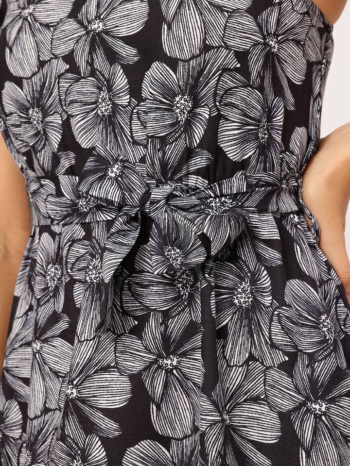 DressBerry Sketchy Monochrome One Shoulder Floral Tie-up Detailed Fit & Flare Dress