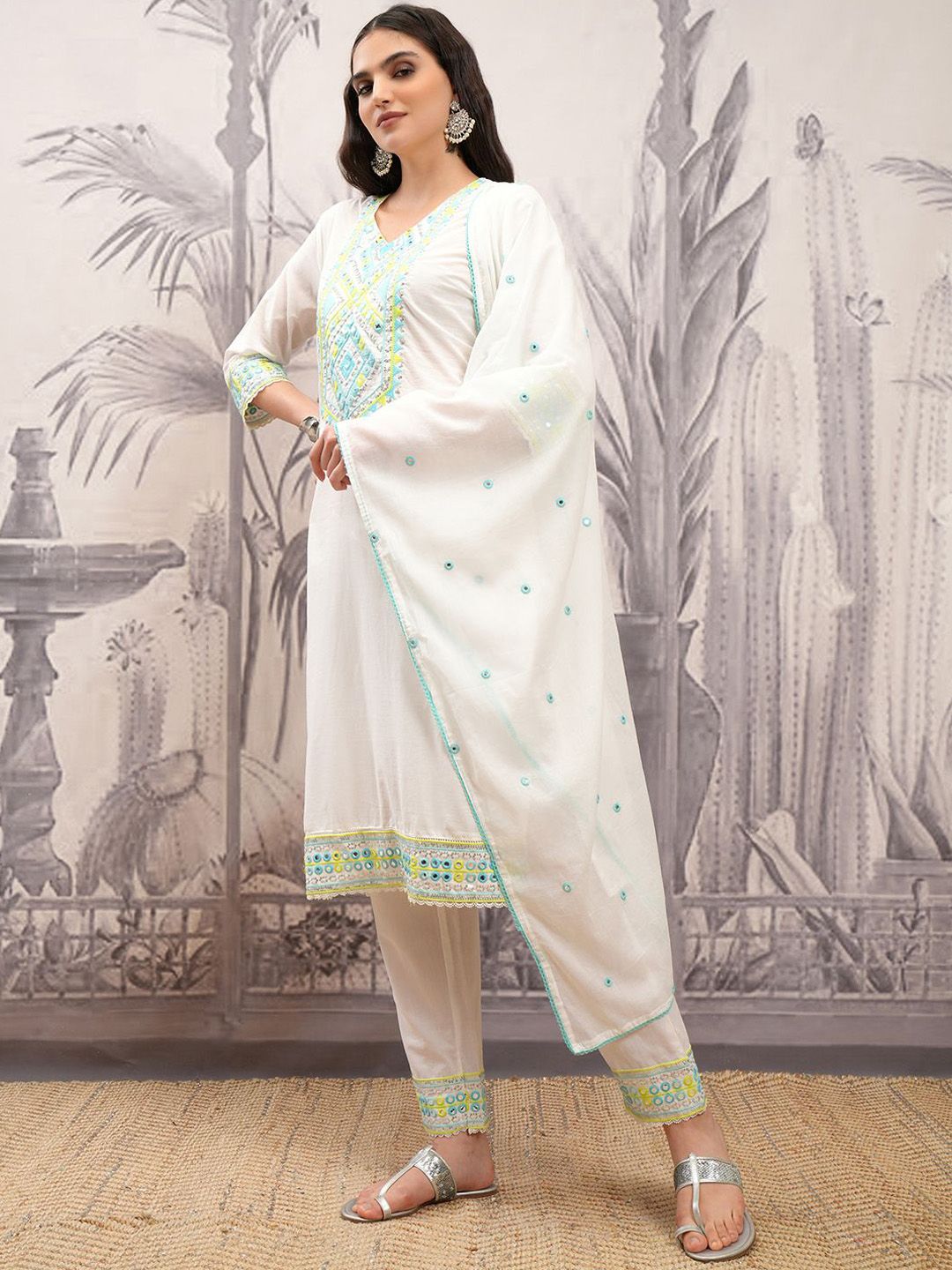 Vishudh Floral Embroidered Regular Thread Work Pure Cotton Kurta with Trousers & Dupatta