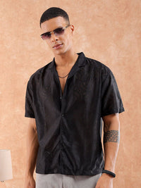The Indian Garage Co Men Relaxed Fit Solid Warp Knit Lace Resortwear Shirt