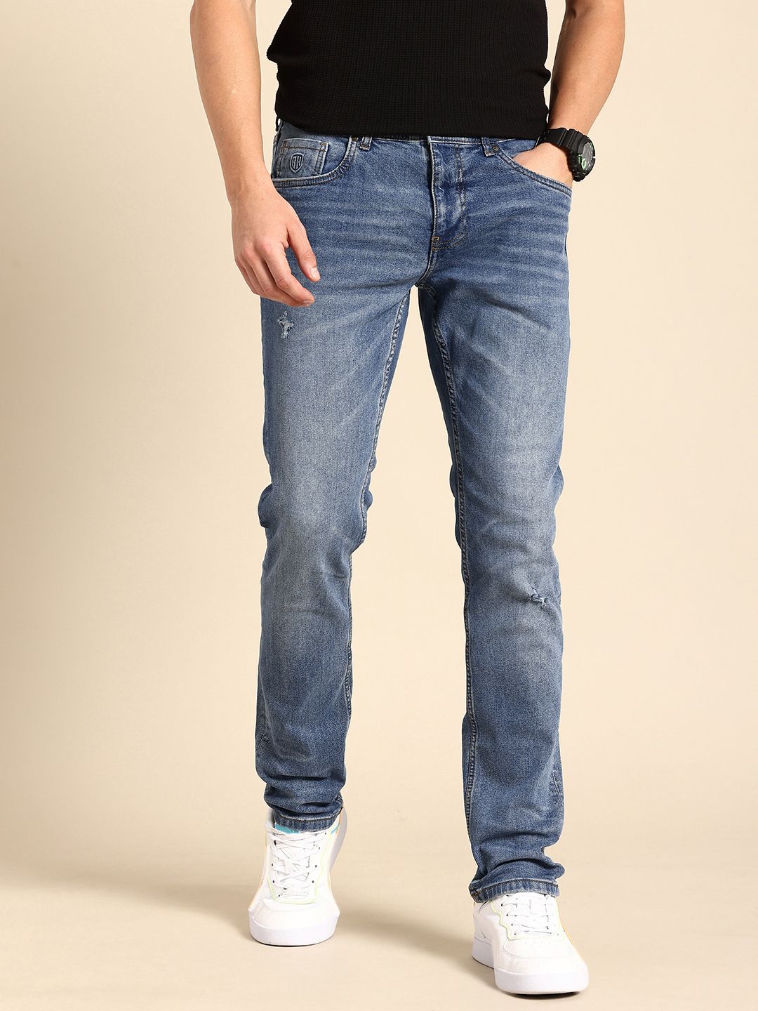 Being Human Men Slim Fit Low Distress Light Fade Stretchable Jeans