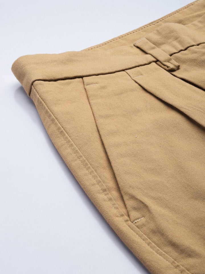 Mr Bowerbird Men Dark Beige Oversized Fit Mid-Rise Elephant Ankle Woven Pleated Trousers