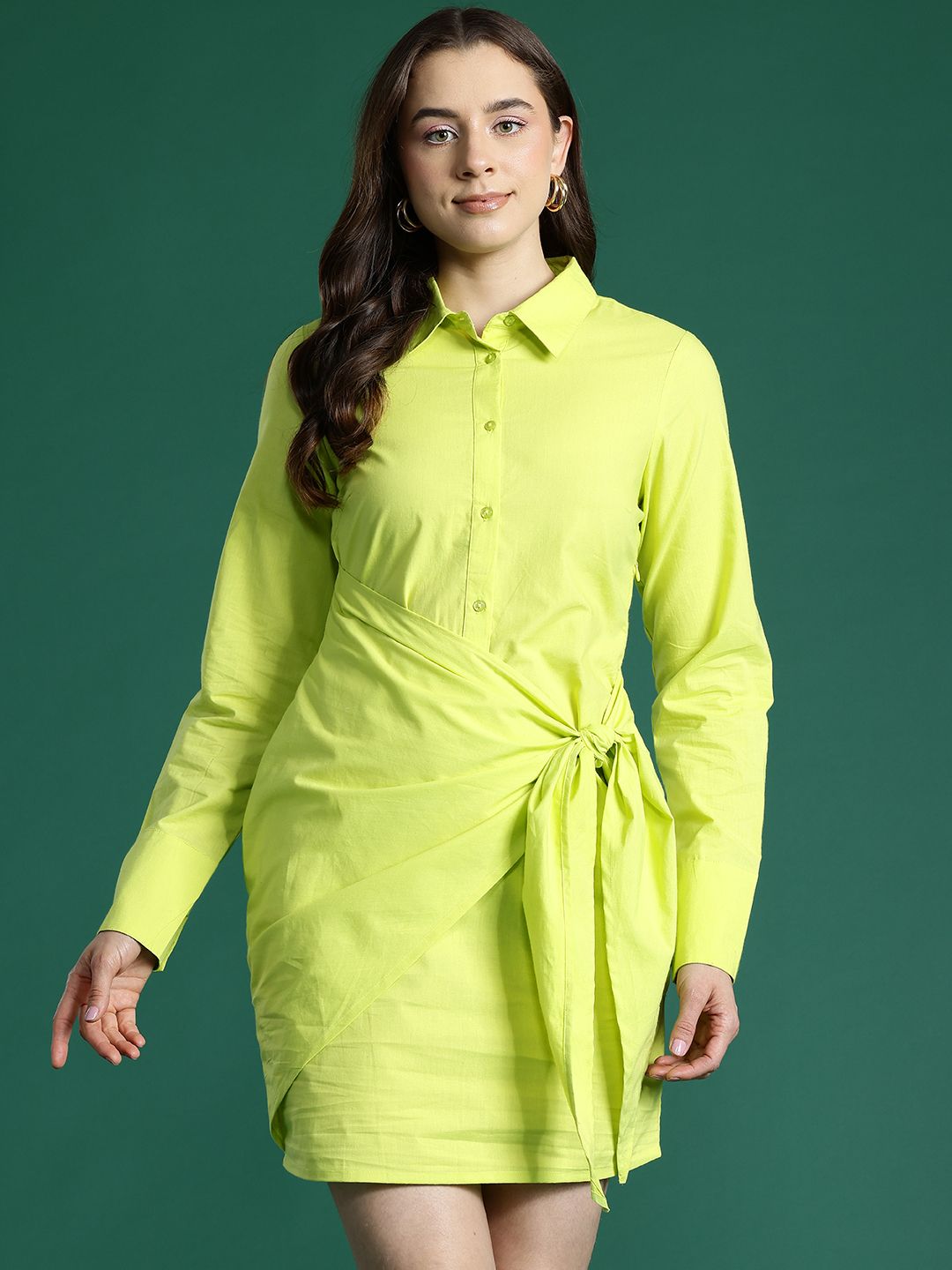 Dressberry Pure Cotton Wrap Tie-Up Shirt Mini Dress