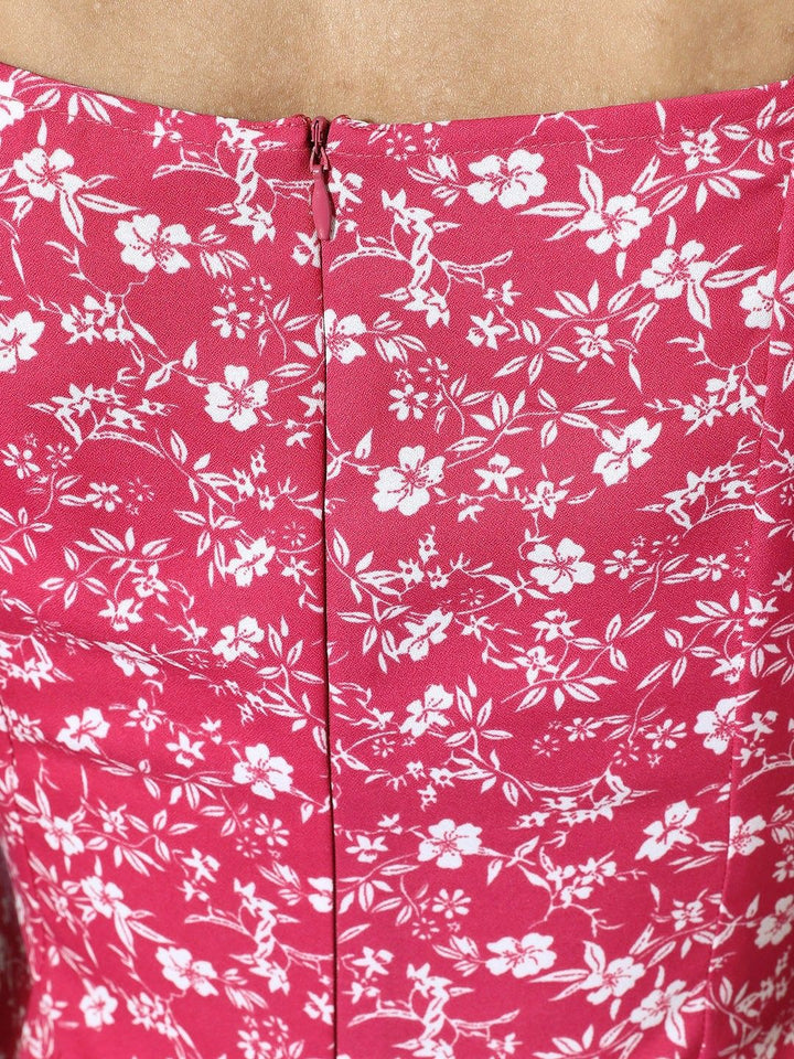 Berrylush Fuchsia & White Floral Puff Sleeves Crepe A-Line Midi Dress