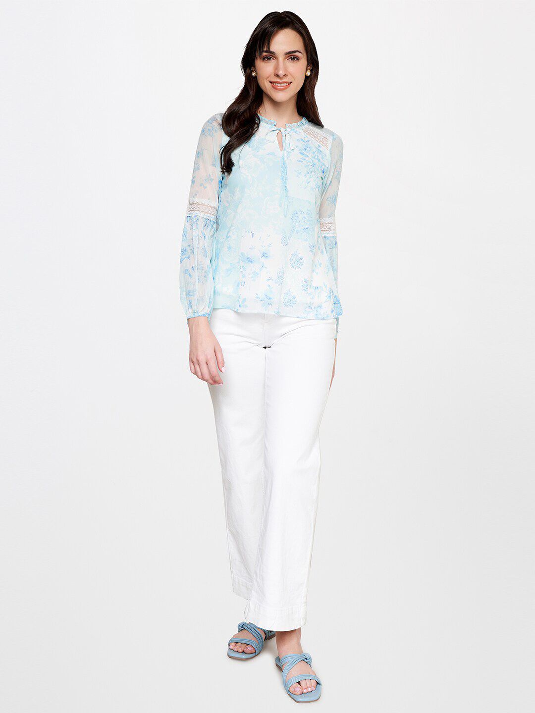 AND Floral Printed Puff Sleeves Tie-Up Neck Top