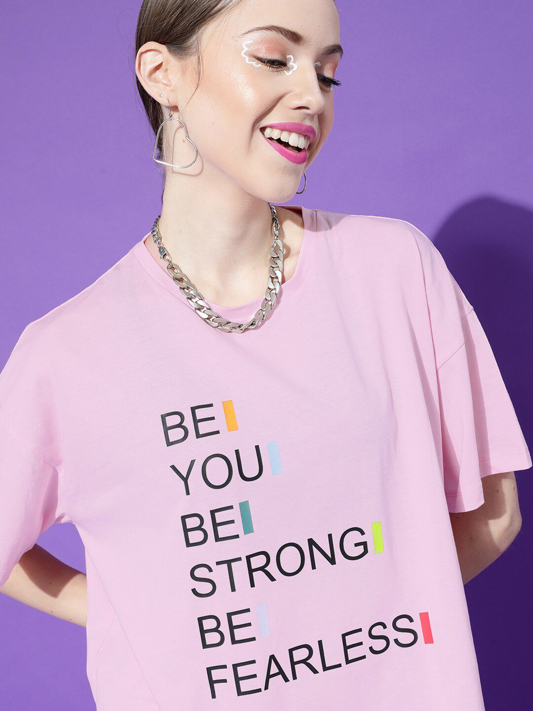STREET 9 Women Pink Typography Printed Drop-Shoulder Pure Cotton T-shirt