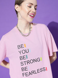 STREET 9 Women Pink Typography Printed Drop-Shoulder Pure Cotton T-shirt