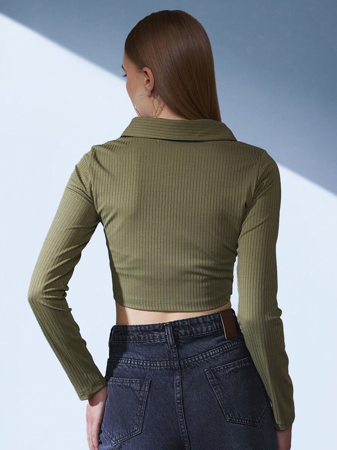 STREET 9 BASICS Olive Green Polo Collar Ribbed Slim Fit Crop T-shirt