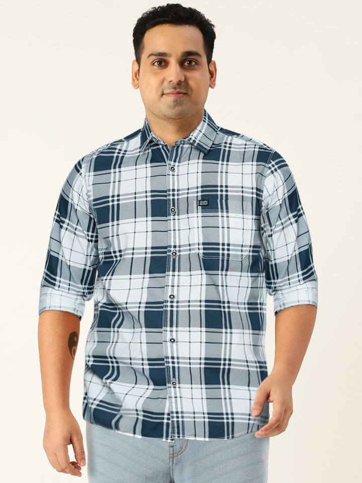 The Indian Garage Co Men White & Blue Slim Fit Checked Casual Shirt