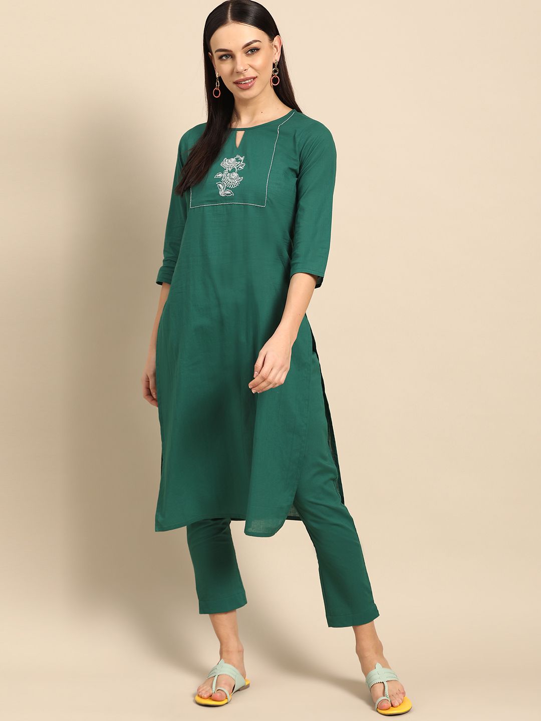 Anouk Women Green Yoke Design Pure Cotton Kurta with Trousers
