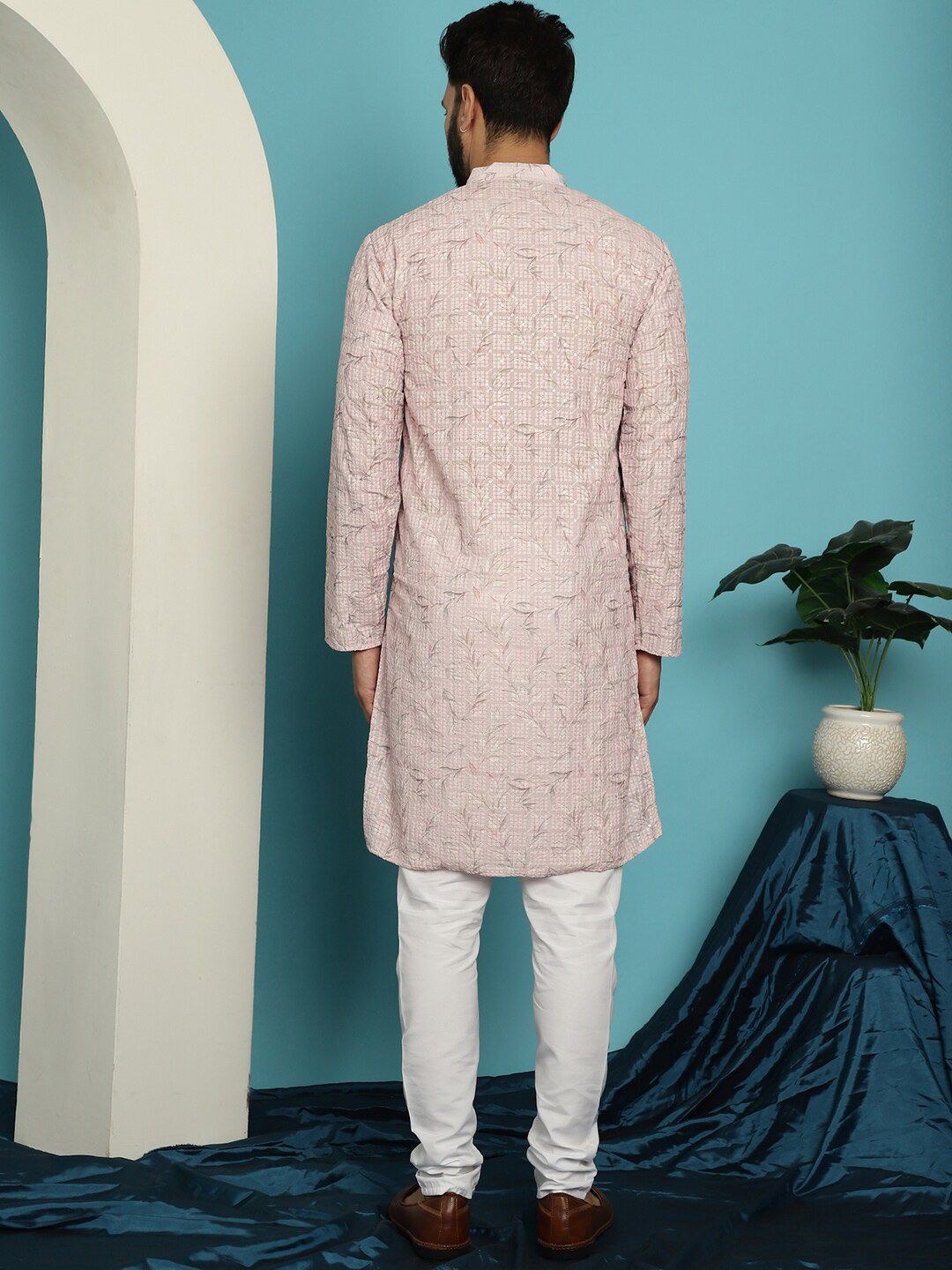 SOJANYA Floral Embroidered Band Collar Pure Cotton Kurta With Churidar