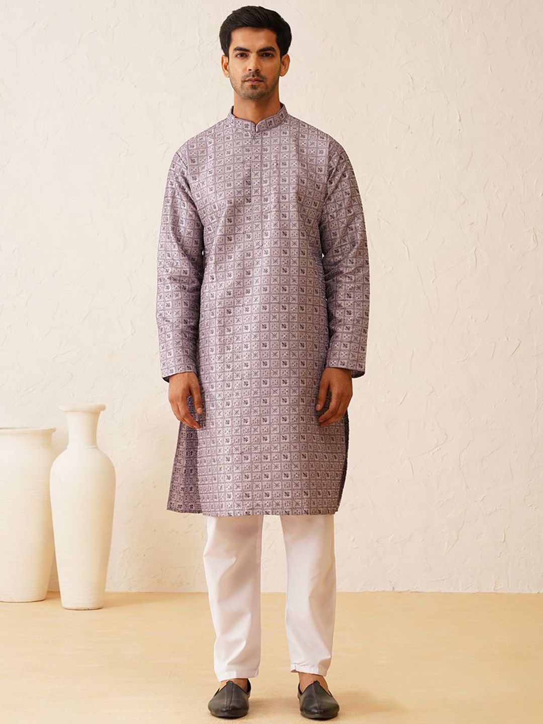 SOJANYA LUXE Ethnic Motifs Embroidered Regular Cotton Silk Thread Work Kurta with Pyjamas