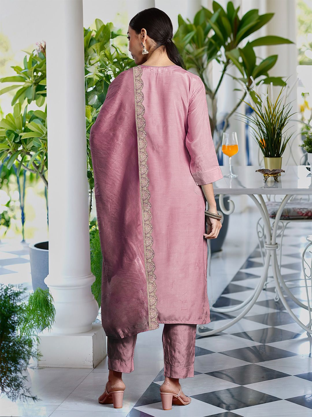 Indo Era Ethnic Motifs Embroidered V Neck Straight Kurta With Trousers & Dupatta