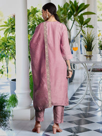Indo Era Ethnic Motifs Embroidered V Neck Straight Kurta With Trousers & Dupatta
