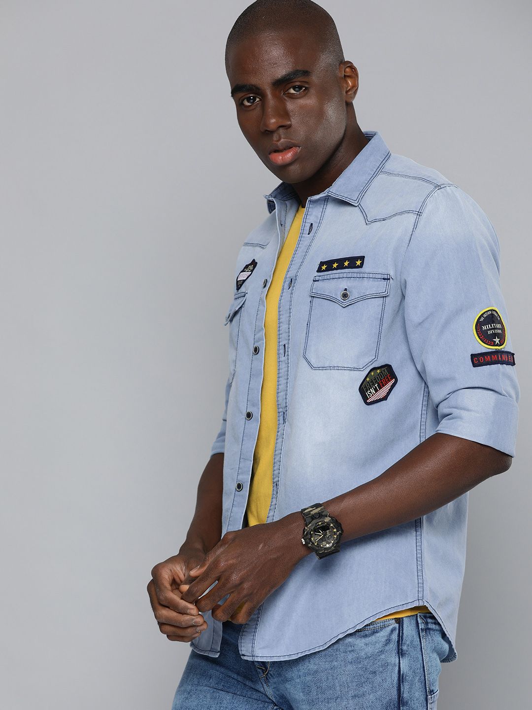 The Indian Garage Co Men Blue Slim Fit Faded Opaque Faded Casual Shirt