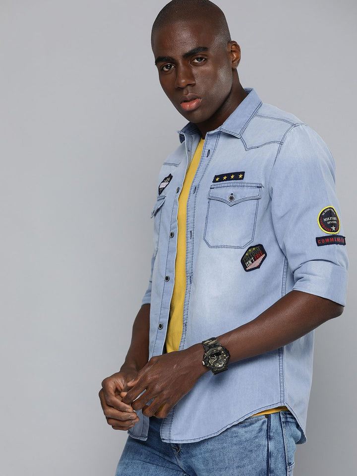 The Indian Garage Co Men Blue Slim Fit Faded Opaque Faded Casual Shirt