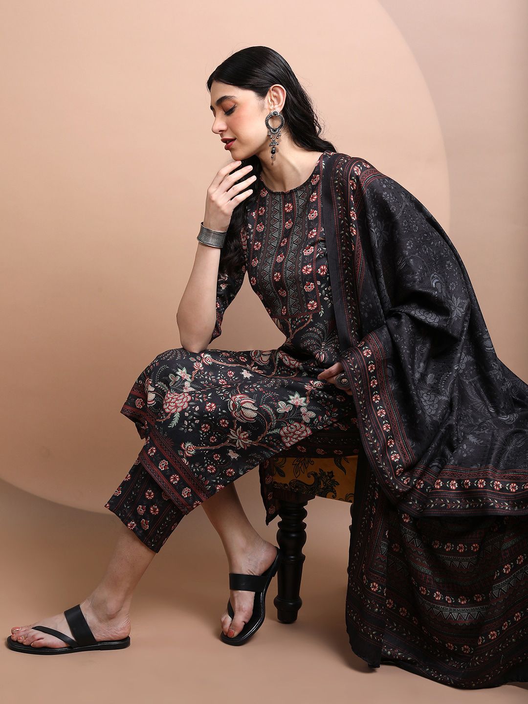 Vishudh Women Faux Pashmia Floral Printed Kurta with Palazzos & Dupatta