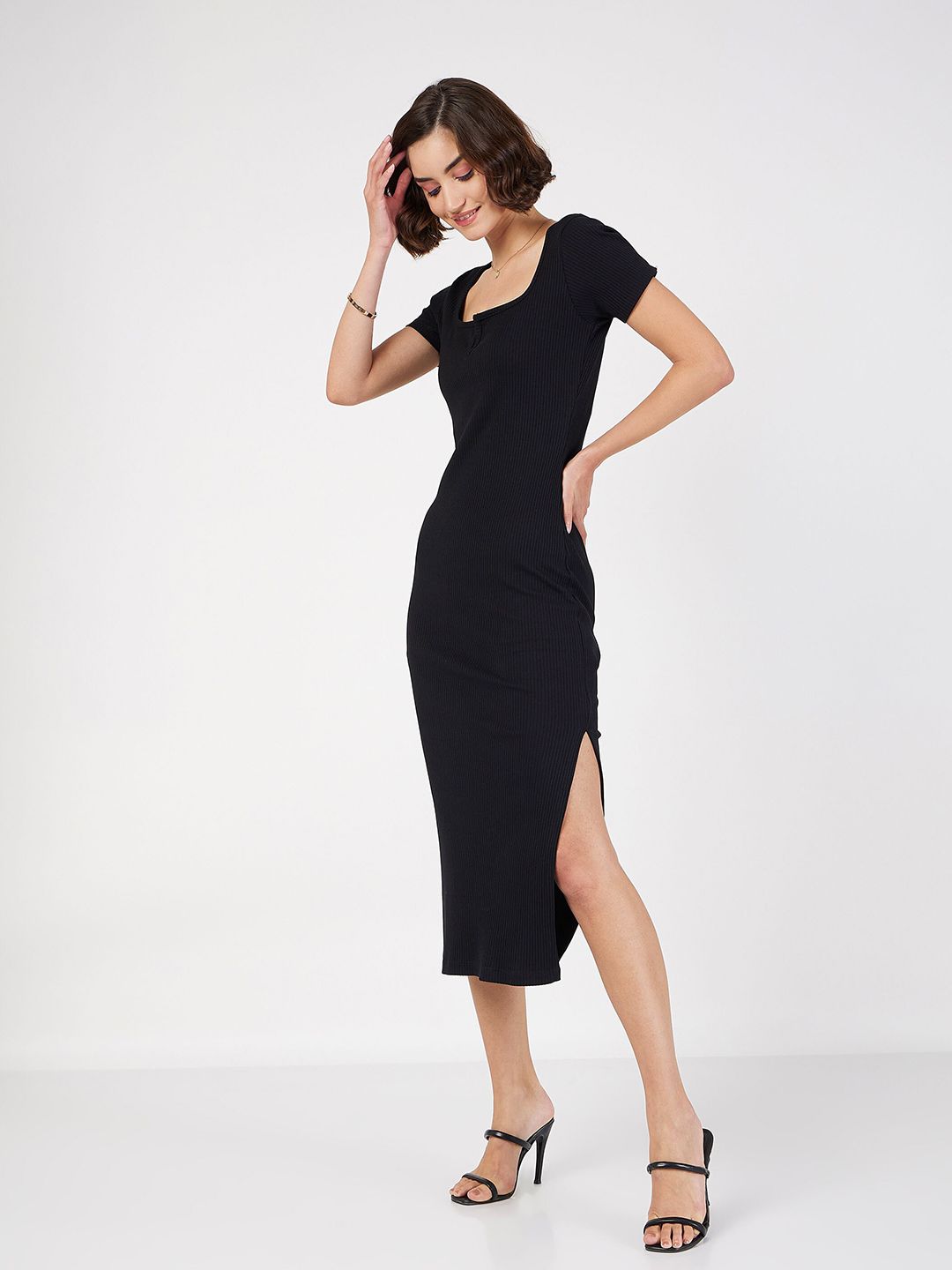 SASSAFRAS Square Neck Knitted Sheath Midi Dress