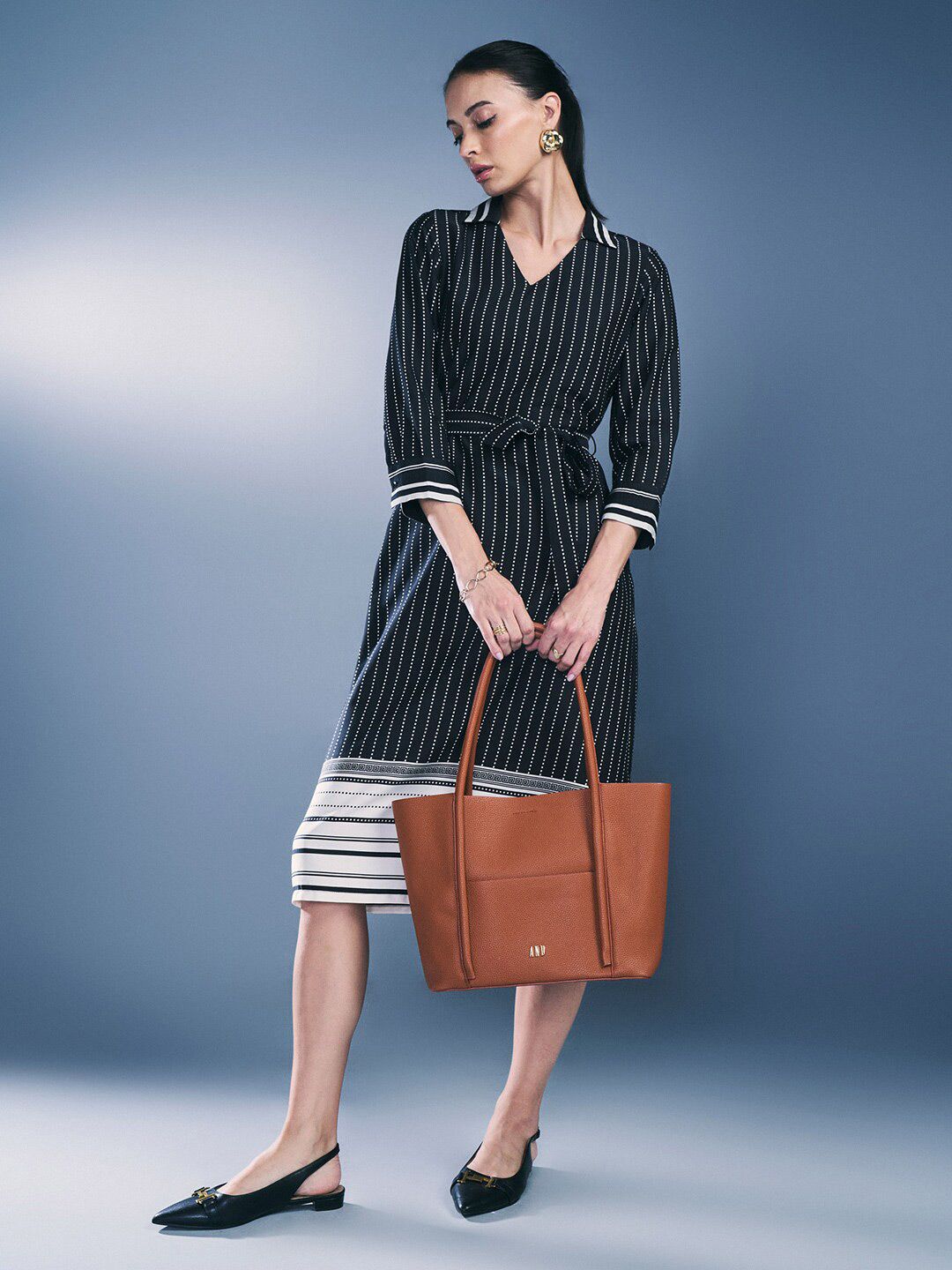 AND V-Neck Three Quarter Sleeves Striped Shirt Dress