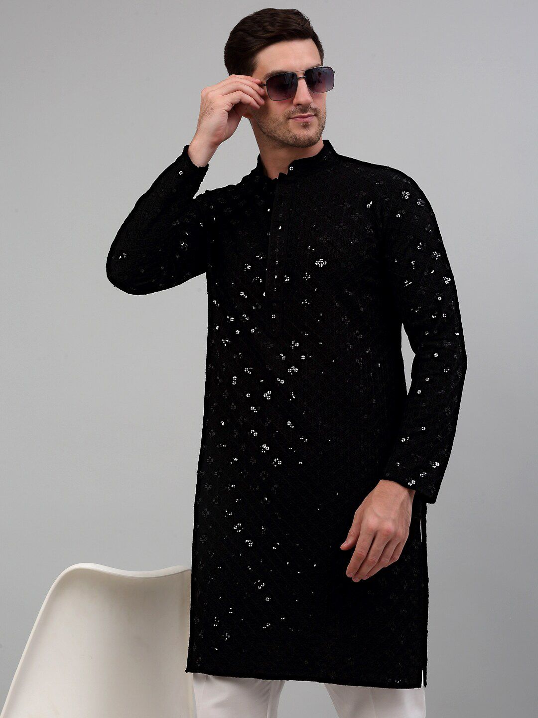 Jompers Mandarin Collar Embroidered Chikankari Straight Kurta With Pyjamas