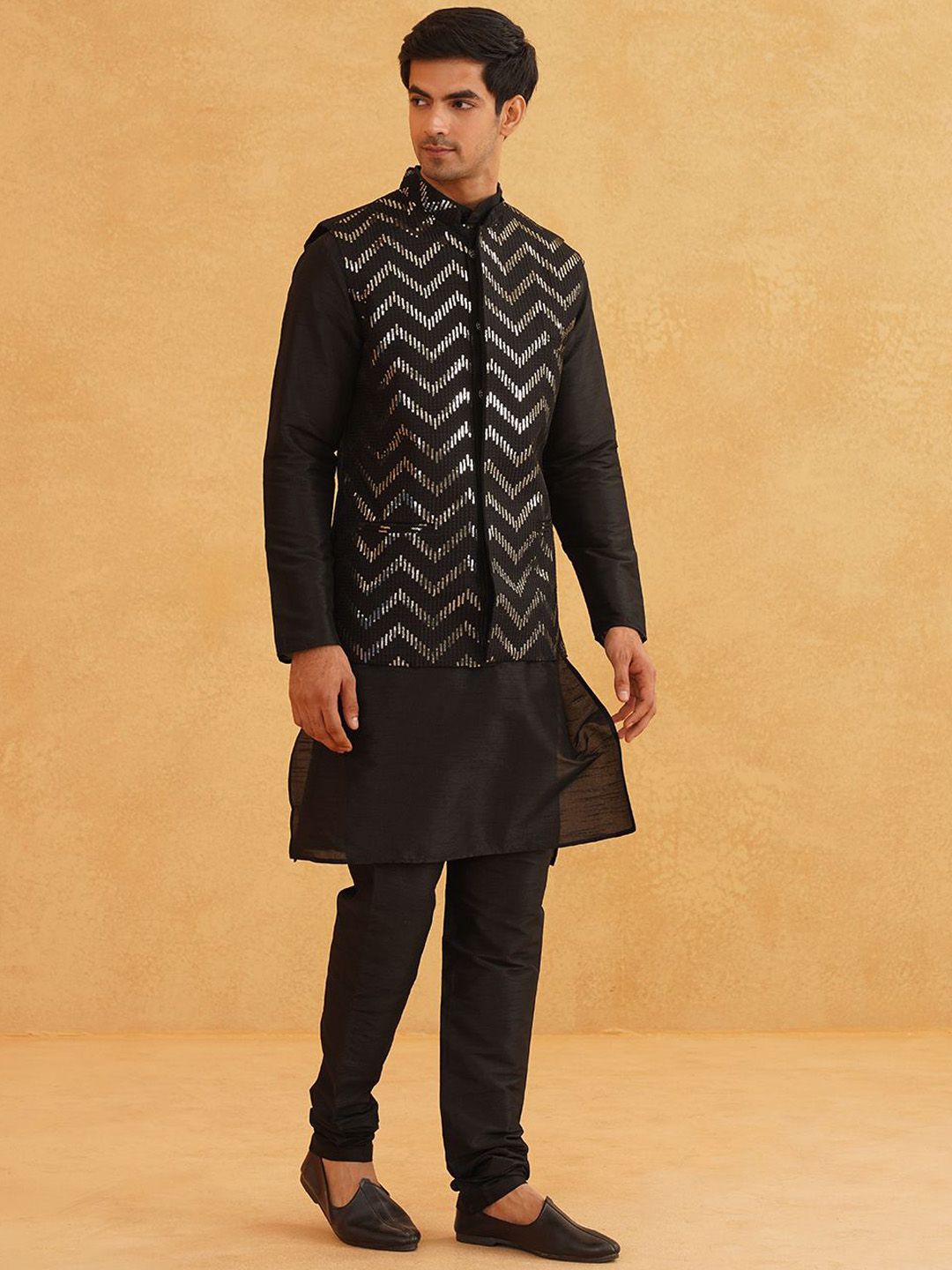 SOJANYA Band Collar Long Sleeves Regular Kurta With Churidar With Nehru Jacket
