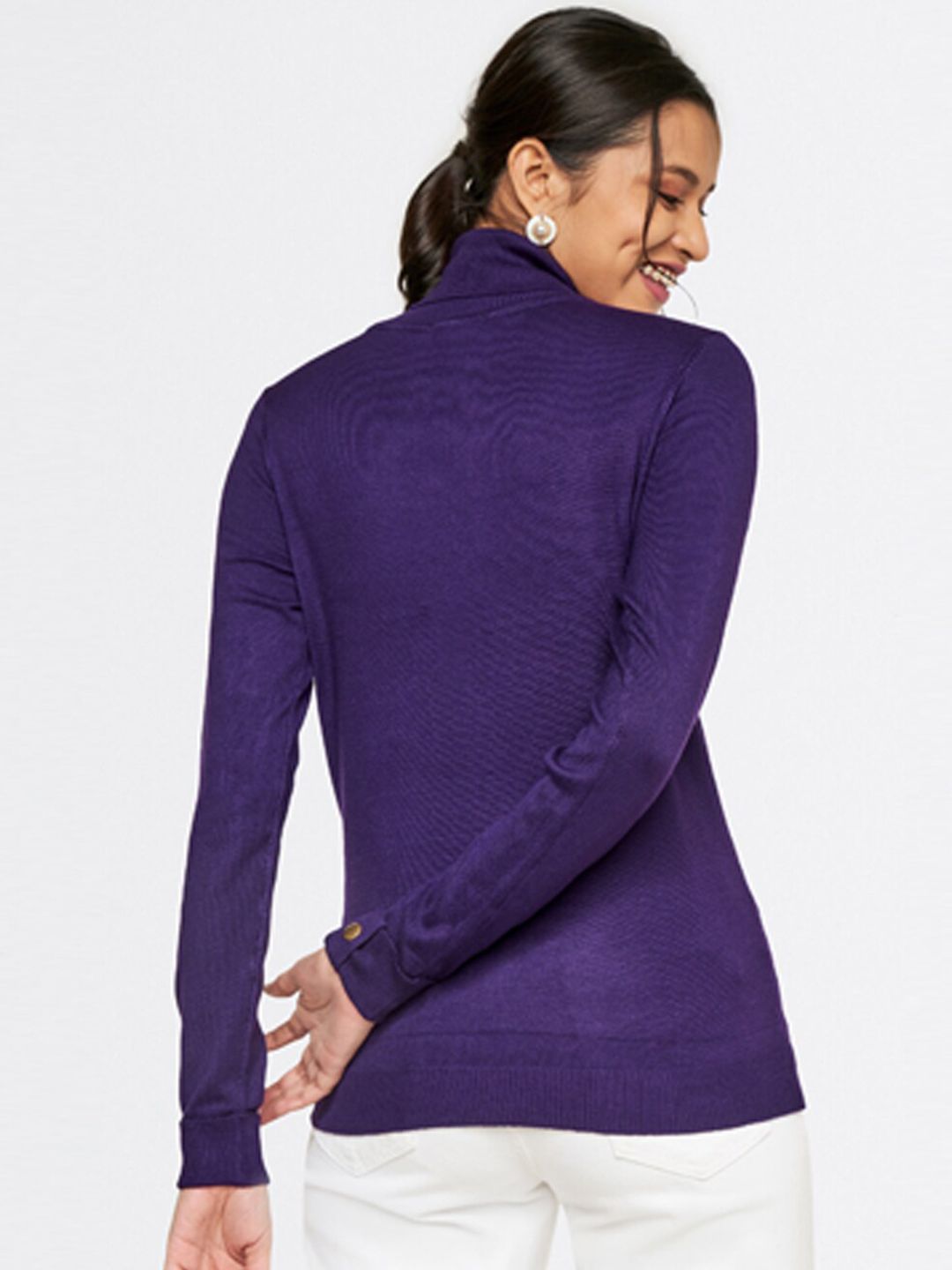AND Women Purple Solid High Neck Top